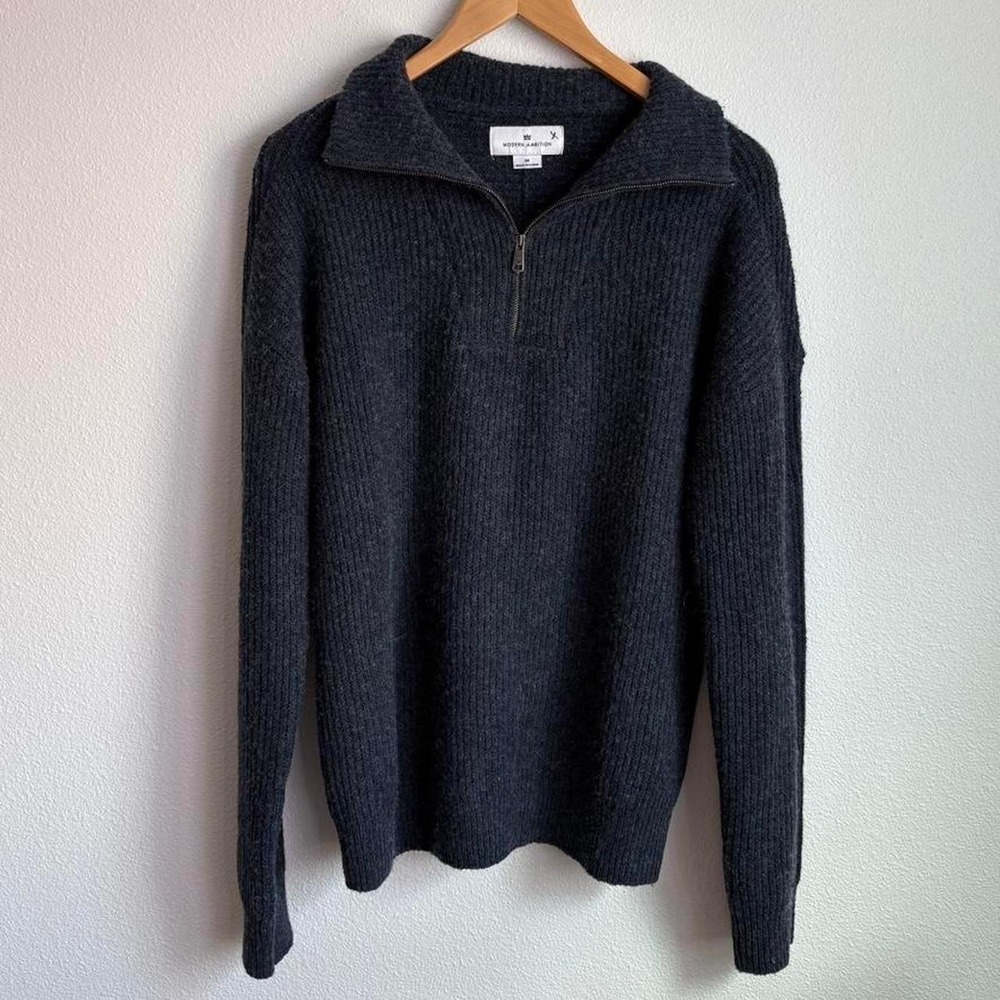 Mens Dark Navy Ribbed Merino Wool Blend Quarter Zip Sweater
